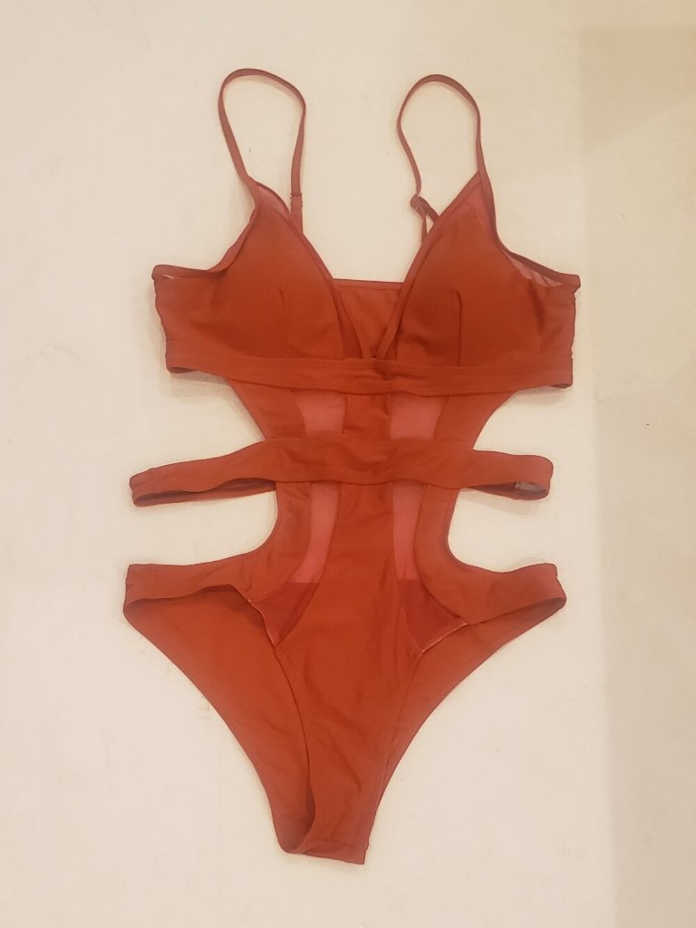 Contrast Mesh Cut Out  One Piece Burnt Orange Swimsuit